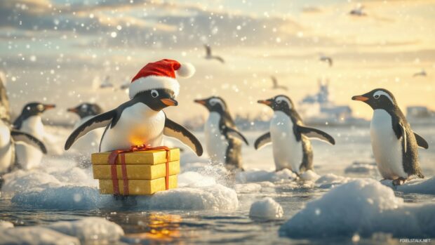 Funny Christmas Desktop Wallpaper with a humorous portrayal of a penguin wearing a Santa hat, slipping on ice while trying to carry a stack of gifts, with other penguins watching in amusement.