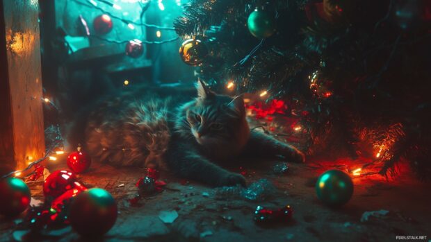 Funny Christmas Desktop Wallpaper with a whimsical scene of a cat tangled in Christmas lights, sitting next to a toppled over Christmas tree, with colorful ornaments scattered everywhere.