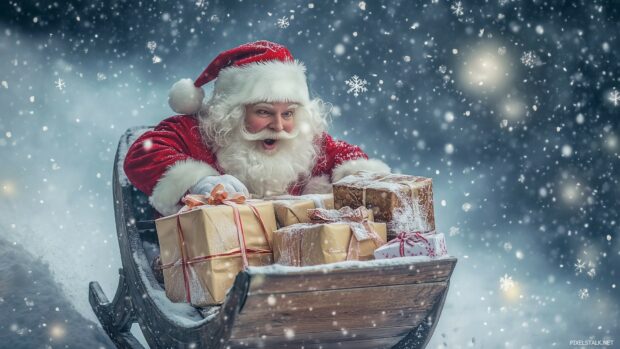 Funny Christmas HD Wallpaper with An amusing illustration of Santa Claus trying to fit into a small sleigh filled with oversized gifts, with a comical expression of surprise on his face.