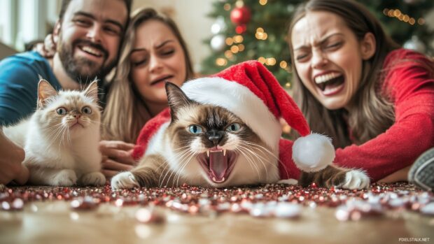 Funny Christmas HD Wallpaper with a comical scene of a family trying to get their cat to wear a Santa outfit, while the cat dramatically resists, adding humor to the festive preparations.