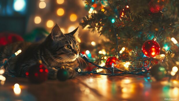 Funny Christmas HD Wallpaper with a whimsical scene of a cat tangled in Christmas lights, sitting next to a toppled over Christmas tree, with colorful ornaments scattered everywhere.