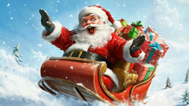 Funny Christmas Wallpaper with An amusing illustration of Santa Claus trying to fit into a small sleigh filled with oversized gifts, with a comical expression of surprise on his face.