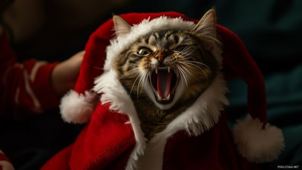 Funny Christmas Wallpaper with a comical scene of a family trying to get their cat to wear a Santa outfit, while the cat dramatically resists, adding humor to the festive preparations.