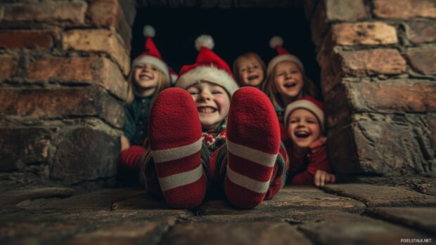 Funny Christmas Wallpaper with a funny depiction of an elf stuck in a chimney with his feet sticking out, while a group of cheerful children watch and laugh.