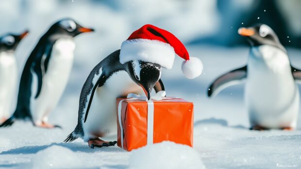 Funny Christmas Wallpaper with a humorous portrayal of a penguin wearing a Santa hat, slipping on ice while trying to carry a stack of gifts, with other penguins watching in amusement.