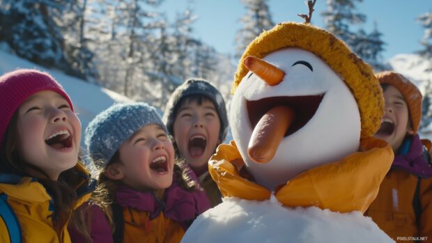 Funny Christmas Wallpaper with a playful scene of a snowman with a carrot nose that has been replaced by a hot dog, with a group of laughing kids enjoying the snowy day.