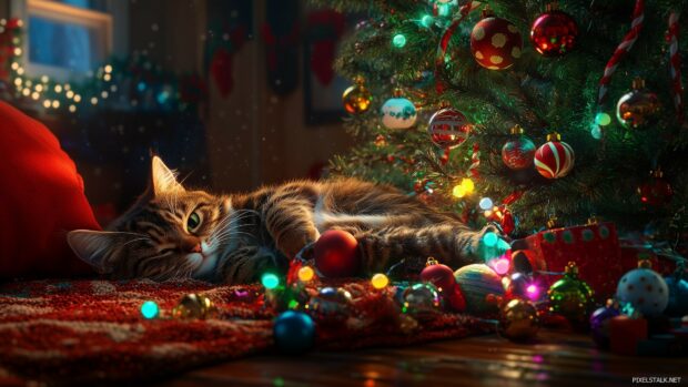 Funny Christmas Wallpaper with a whimsical scene of a cat tangled in Christmas lights, sitting next to a toppled over Christmas tree, with colorful ornaments scattered everywhere.