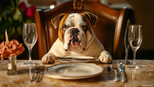 Funny Dog wallpaper with a Bulldog sitting at a dinner table, holding a knife and fork, with a serious expression.