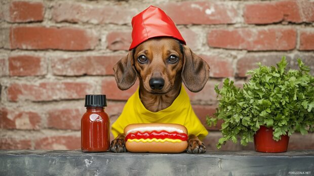 Funny Dog wallpaper with a Dachshund dressed as a hot dog, with ketchup and mustard bottles beside it.