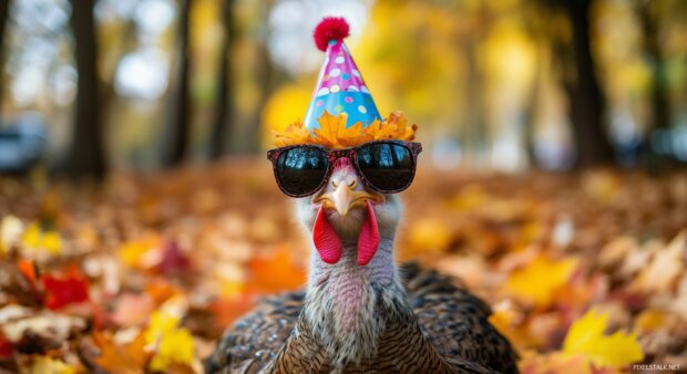 Funny Thanksgiving background with a turkey wearing sunglasses and a party hat, surrounded by autumn leaves.