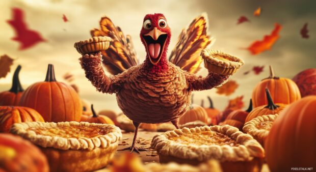 Funny Thanksgiving with a cartoonish turkey doing a funny dance with pumpkins and pies.