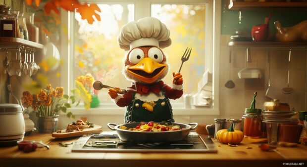 Funny Thanksgiving with a turkey dressed as a chef, preparing a feast with exaggerated utensils.