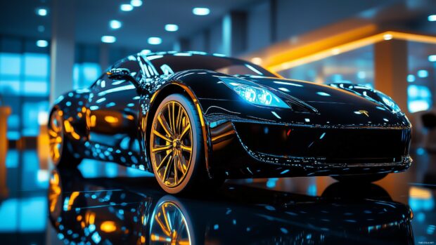 Futuristic black and gold electric car with glowing gold accents, displayed in a modern showroom with reflective floors and soft ambient lighting.