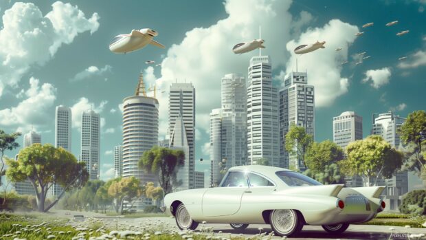 Futuristic city 1080p PC background with cool flying cars and skyscrapers.