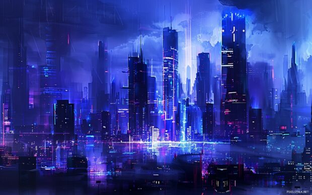 Futuristic cityscape at dusk, neon lights illuminating the cool skyline, 1920×1200 Wallpaper HD.