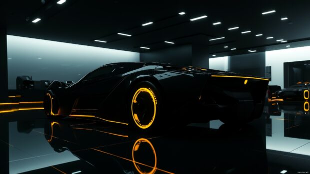 Futuristic electric car wallpaper 4K with glowing gold accents, displayed in a modern showroom with reflective floors and soft ambient lighting.