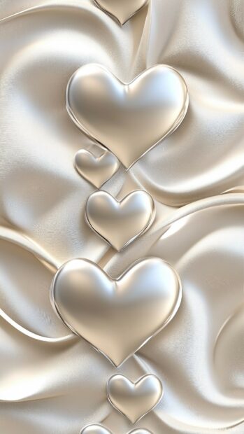 Glossy 3D hearts in a metallic finish, forming a grid like pattern across the wallpaper.