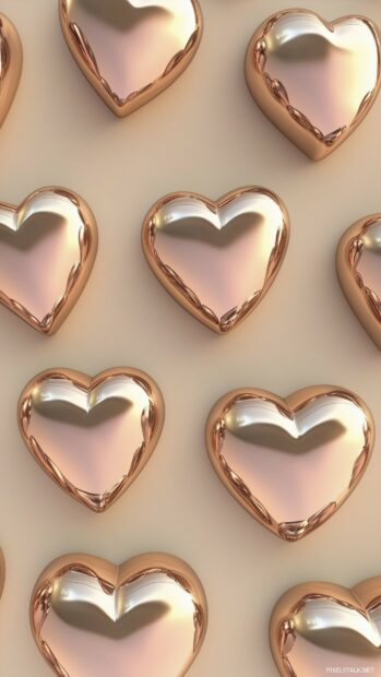 Glossy 3D hearts in a metallic finish, forming a grid like pattern across the wallpaper.