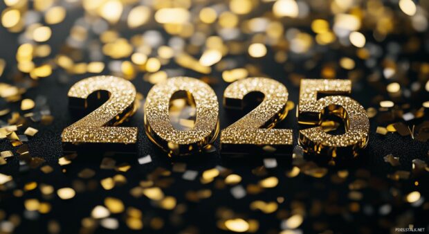 Glowing 2025 numerals in a 3D gold metallic finish on a luxurious black background, surrounded by floating confetti, sparkling gold glitter.