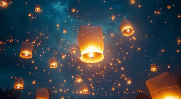 Glowing lanterns floating in a night sky with soft golden light illuminating the air, lanterns drifting upwards into a sea of stars, Happy New Year Wallpaper HD.