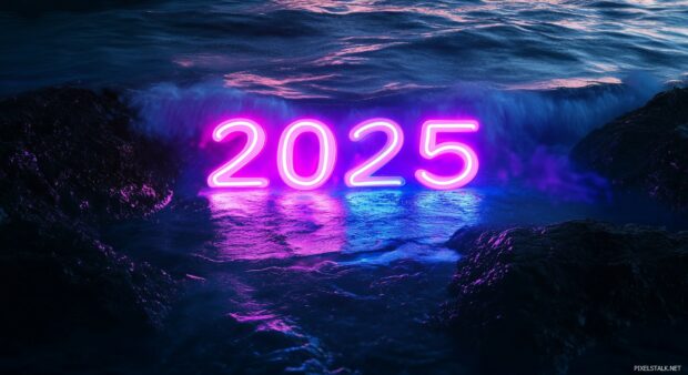 Glowing neon 2025 text in bright blue and pink neon lights.