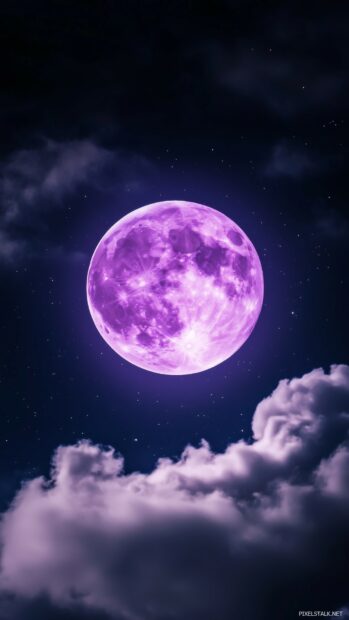 Glowing purple Moon framed by thin, wispy clouds.