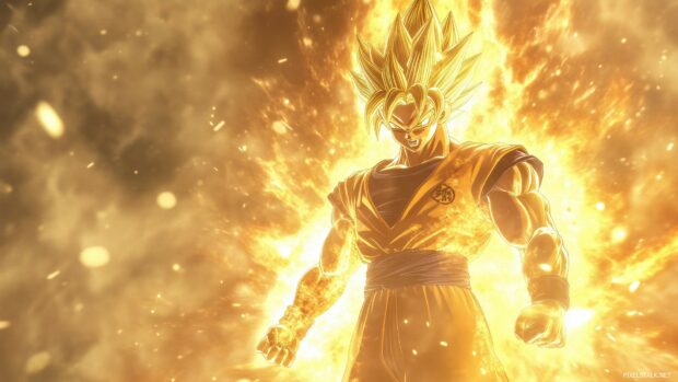 Goku in Super Saiyan form, powering up with golden aura surrounding him, Anime Character Backgrounds 1920×1080.