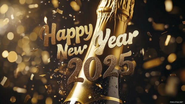 Golden champagne bottle exploding with glittery splash of sparkling gold liquid and confetti mid air, with Happy New Year 2025 in stylish calligraphy floating above.