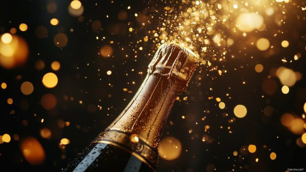 Golden champagne bottle with cork popping and golden sparkling liquid splashing in the air, surrounded by confetti and bokeh lights.