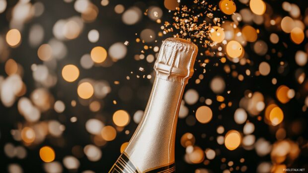 Golden champagne bottle with cork popping and golden sparkling liquid splashing in the air, surrounded by confetti and bokeh lights.