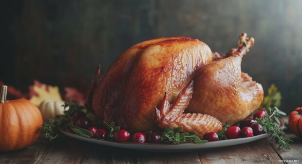 Golden roasted Thanksgiving Turkey with crispy skin, garnished with herbs and cranberries.