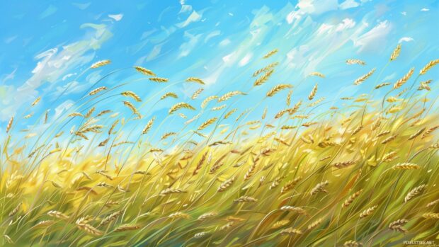 Golden wheat field under a bright blue sky, 1920x1080 Wallpaper.