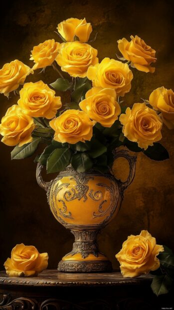 Golden yellow roses in an ornate vintage vase.