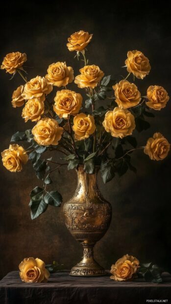 Golden yellow roses in an ornate vintage vase.