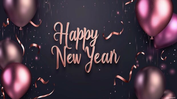 Gradient black to deep purple background with 3D metallic Happy New Year text in rose gold, surrounded by glossy 3D balloon elements, floating ribbons.