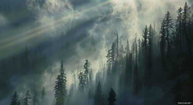 HD 1080p Nature Backgrounds with foggy mountain landscape, sun breaking through the clouds, mystical ambiance.