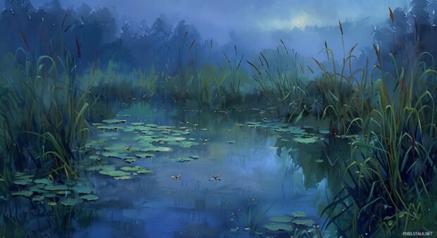 HD 1080p Nature Backgrounds with tranquil pond surrounded by reeds, dragonflies, soft evening light.