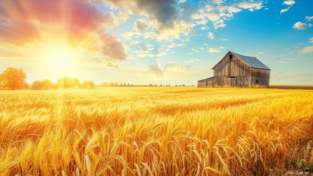 HD Backgrounds 1920×1080 with a rustic barn in a field of golden wheat under a bright summer sky.