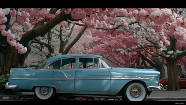 HD Car Wallpaper for Desktop with a classic cool car parked under cherry blossom trees.