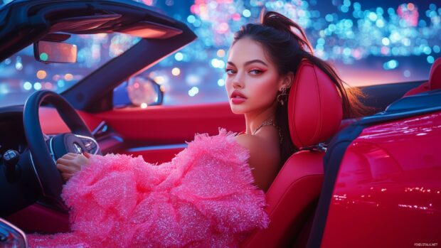 HD Car Wallpaper for Desktop with a fashionably dressed girl sitting in the drivers seat of a bright red convertible.