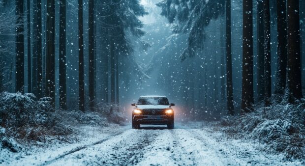 HD Car Wallpaper for Desktop with a luxury SUV driving through a snowy forest, with snowflakes gently falling around it.