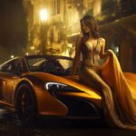 HD Car Wallpaper for Desktop with a woman in an elegant evening gown, gracefully leaning on a luxury sports car under the soft glow of ambient streetlights.