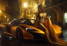 HD Car Wallpaper for Desktop with a woman in an elegant evening gown, gracefully leaning on a luxury sports car under the soft glow of ambient streetlights.