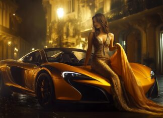 HD Car Wallpaper for Desktop with a woman in an elegant evening gown, gracefully leaning on a luxury sports car under the soft glow of ambient streetlights.