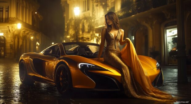 HD Car Wallpaper for Desktop with a woman in an elegant evening gown, gracefully leaning on a luxury sports car under the soft glow of ambient streetlights.