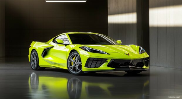  HD Car Wallpaper with a Chevrolet Corvette C8 in bright yellow.