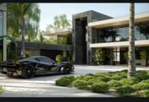 HD Car Wallpaper with a luxury car parked in front of a modern mansion.