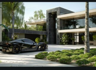 HD Car Wallpaper with a luxury car parked in front of a modern mansion.