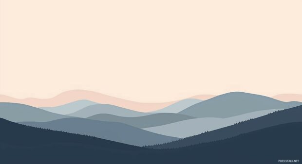 HD Laptop Wallpaper for Windows 10 with a simple, minimalist mountain range silhouette in shades of gray and blue against a light pink sky.