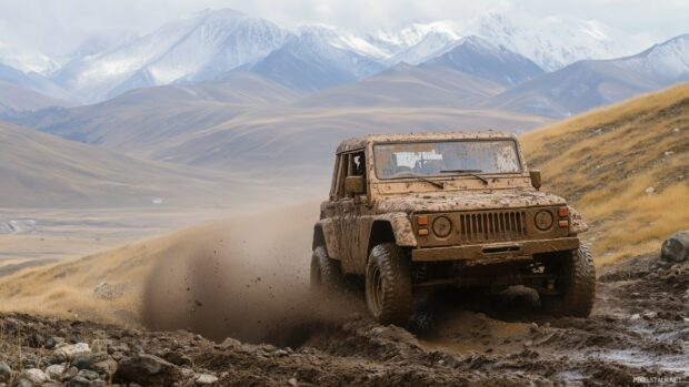 HD Wallpaper Car 1080p with a rugged off road vehicle covered in mud climbing a steep, rocky hill.